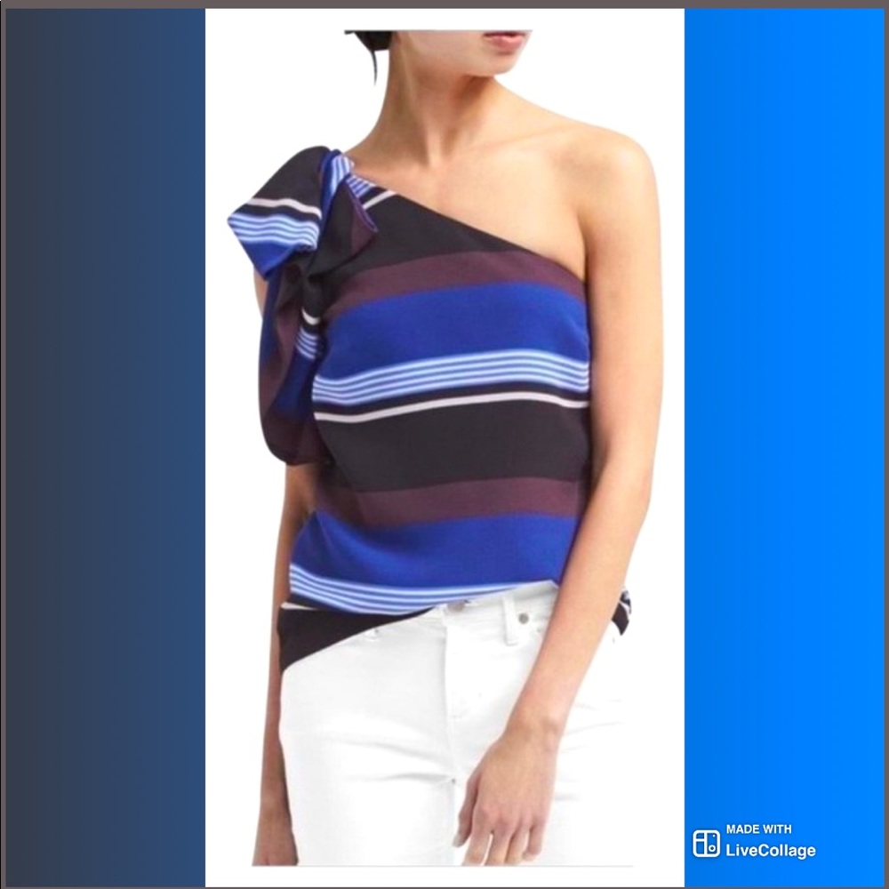 🍌 Banana Republic One-Shoulder Blue, Brown, Black & White Drape Bow Top 🍌